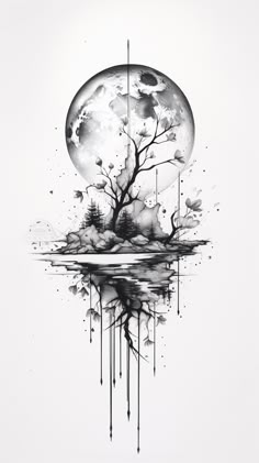 a black and white drawing of a tree with the moon in the background