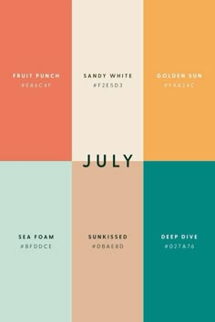 four different colors with the words july on them in black, white, orange and green