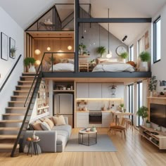 a loft apartment with stairs leading up to the second floor and living room on one side