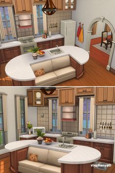 two views of the same kitchen and living room from different angles, each with an island