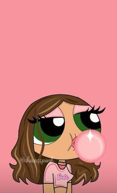 a cartoon girl blowing a bubble with her eyes wide open and long brown hair, on a pink background