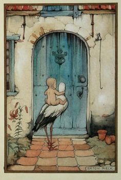 a painting of a child holding a bird in front of a blue door with an arched doorway