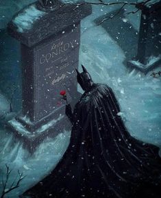 a painting of a batman standing next to a grave in the snow with a red rose