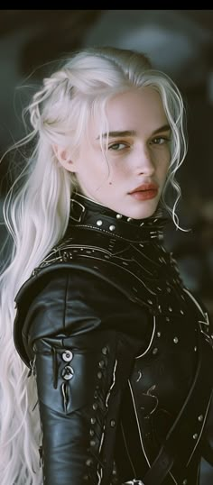 a woman with long white hair and black leather outfit standing in front of a dark background