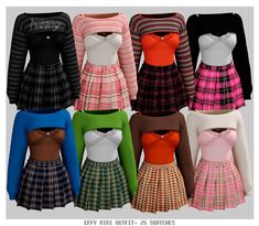 many different colored dresses are shown in this image, all with long sleeves and ties