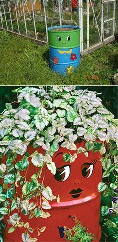 there are two pictures with plants in the same pot and one has eyes on it