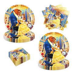 the beauty and the beast dinnerware set includes plates, napkins, and place mats