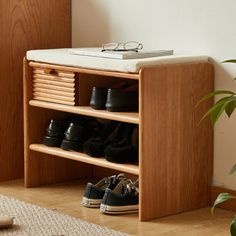 Nordic solid cherry wood shoe bench for home use, stylish and practical | DICIXA Nordic Solid Wood Shoe Cabinet Sit-down Locker Pair Shoe Storage 17.71 H x 23.62 W x 11.81 D in yellow in Brown | 5 | Wayfair | Organization Apartment Vibes, Hall Furniture, Wood Shoe, Wood Shoes, Shoe Bench, Shoe Organizer, Shoe Cabinet, Apartment Ideas, Shoe Storage