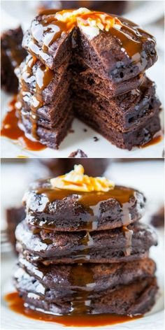 chocolate pancakes stacked on top of each other with caramel drizzle