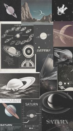 a collage of saturn and other planets in black and white