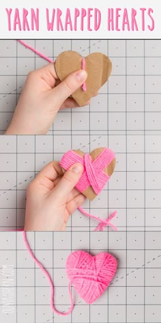 yarn wrapped hearts being used to make valentine's day decorations with text overlay