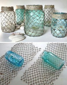 there are several jars with fishing nets in them