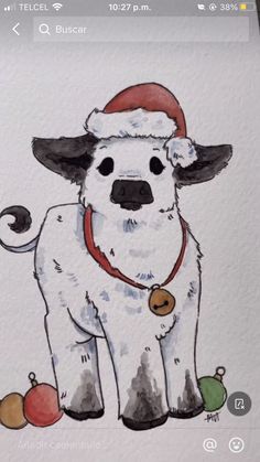 a drawing of a dog with a santa hat on it's head and balls around its neck