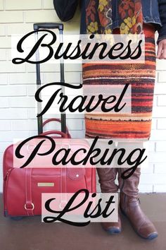 a woman standing next to her luggage with the words business travel packing list on it