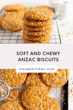 soft and chewy anzac biscuits on a cooling rack with oatmeal in the background