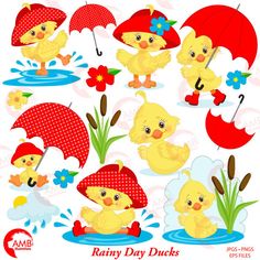 an image of rainy day ducks with umbrellas and flowers on white background, digital clipart