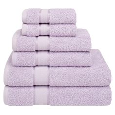 six lavender towels stacked on top of each other