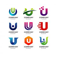 set of letter u logo design templates with different colors and shapes on white background