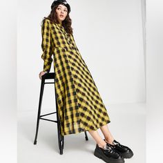 Cute And Casual. Great For Anything From Work, To A Day Out. Yellow Plaid Dress, Green Dress Casual, Check Dress, Checkered Shirt, Yellow Plaid, Shirt Dress Casual, Yellow Fashion, Plaid Dress, Fall Dresses