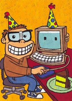 a man sitting in front of a computer with a birthday hat on