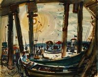 a painting of boats docked in the water