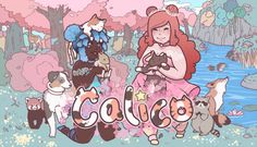 an image of a woman with cats and dogs in the background that says cat's meow called calico