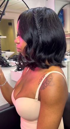 Natural Bob Sew In, Bob Flat Iron Natural Hair, Bob With French Braid, Short Hairstyles Ideas Black Women, Wand Curl Short Hair Black Women, Middle Part Bob Black Women Curls, Curly Middle Part Bob Black Women, Bobs With Curls Black Women, Side Part Curls Short Hair