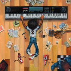 a painting of a boy playing the piano surrounded by musical instruments and other items that are scattered around him