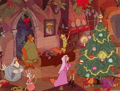 an animated christmas scene with the characters from disney's beauty and the beast in front of a fireplace