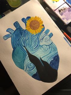 a drawing of a heart with a sunflower on it and watercolors in the background