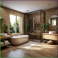 a bathroom with a large tub, sink and shower stall in it's center