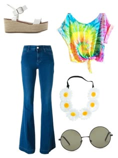 a woman's clothing and accessories including sunglasses, bra - top, jeans, sandals and necklaces