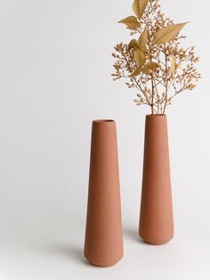 two vases with plants in them on a white surface