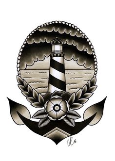 a black and white drawing of a light house with an anchor on it's side