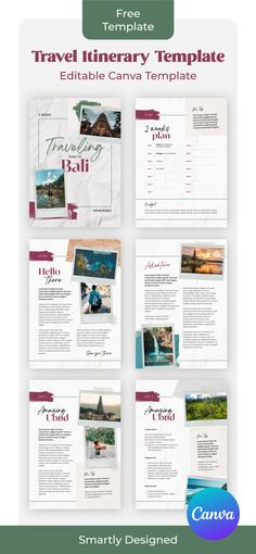 the travel brochure template is shown with images and text, including an image