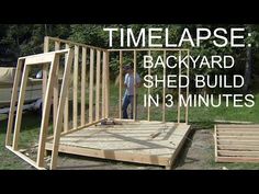 a man standing in front of a wooden shed with the words time lapse backyard shed build in 3 minutes