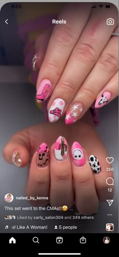 Pink Aztec Nails, Space Cowgirl Nail Ideas, Fun Nashville Nails, Bachelorette Nail Ideas Pink, Luke Bryan Nails, Cowgirl Bachelorette Nails, Hot Pink Country Nails, Dolly Parton Nails Art, Dolly Parton Inspired Nails