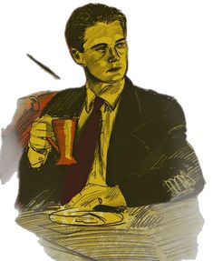 a drawing of a man sitting at a table with a cup and saucer in his hand