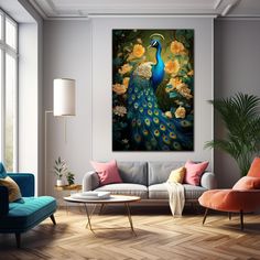 a living room filled with furniture and a painting on the wall