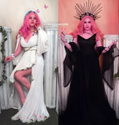 two pictures of women dressed in costumes and one has pink hair