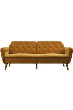 an orange couch sitting on top of a wooden frame