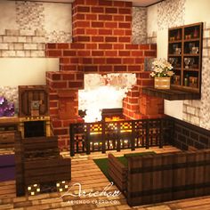 a living room filled with furniture and a fire place in front of a brick wall