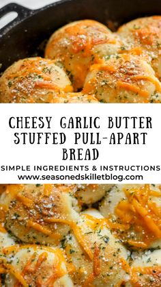 cheesy garlic butter stuffed pull apart bread in a cast iron skillet with text overlay