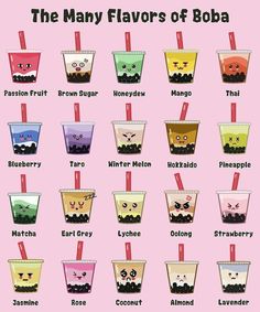 the many flavors of boba bubble tea in different colors and sizes, with names on each