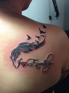 a woman with a tattoo on her shoulder that says, i love family and birds