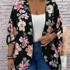 Shein Plus Floral Kimono Size-0xl Brand New, Never Worn. Open Front Kimono, Floral Print Kimono, Black Boho, Plus Size Coats, Floral Kimono, Fabric Floral, Shein Tops, Summer Floral, Lantern Sleeves