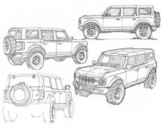 four different types of suvs are shown in this drawing, one is black and white