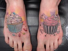 two people with tattoos on their feet and one has a cupcake in the middle