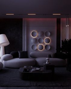 a living room filled with furniture and lights