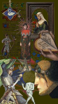 a collage of pictures with people and animals in them, including an image of a woman holding a book